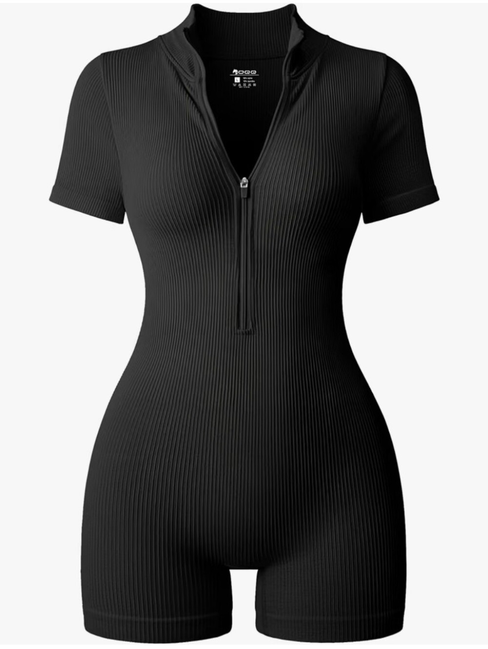 Women Rompers Ribbed Short Sleeve Zip Front Stretch Tummy Control Romper